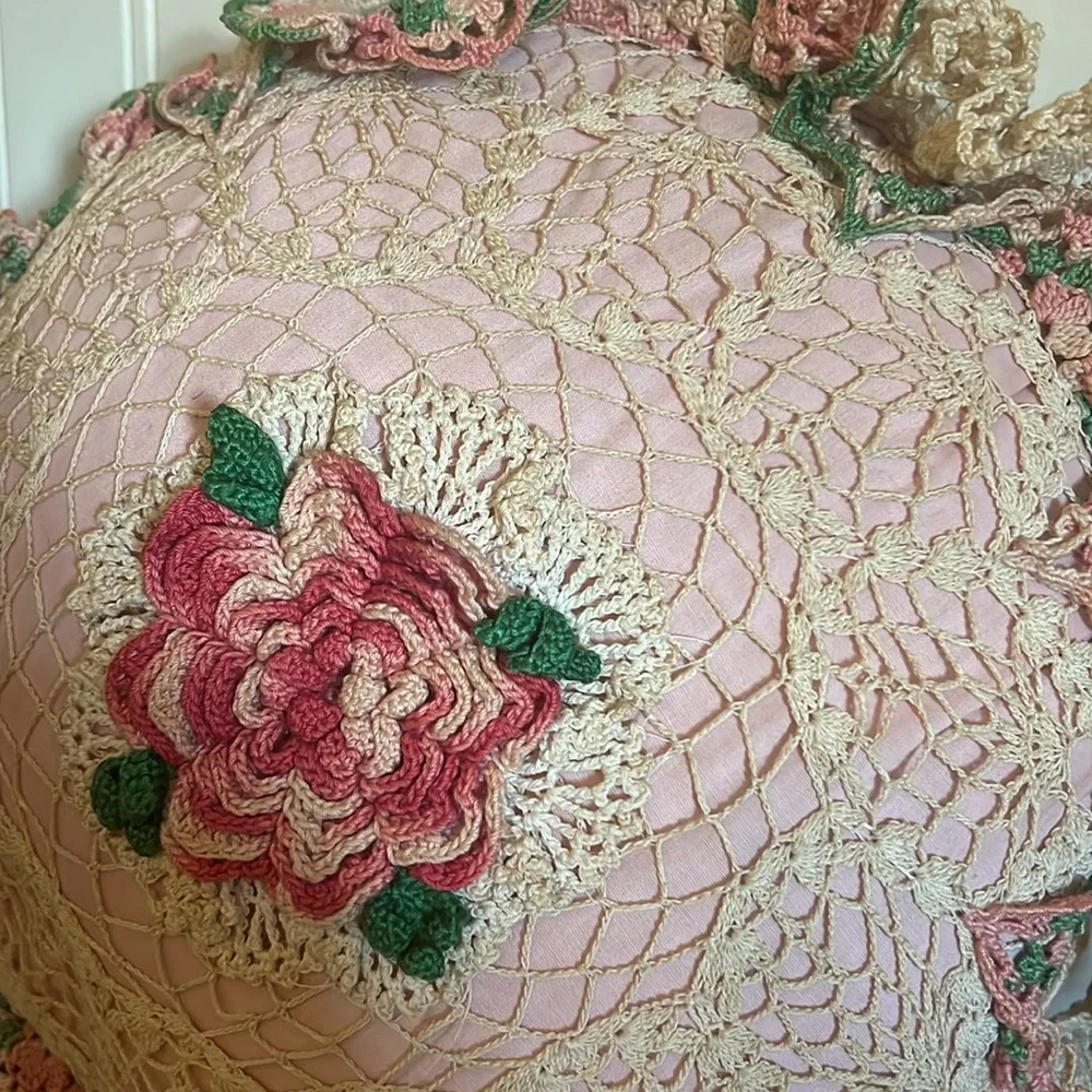 Vintage handmade needlepoint & crocheted throw pillow